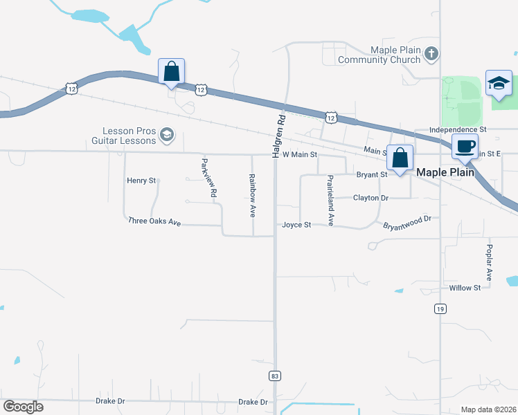 map of restaurants, bars, coffee shops, grocery stores, and more near 1435 Rainbow Avenue in Maple Plain