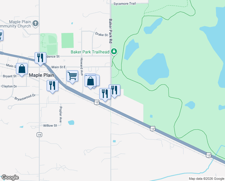 map of restaurants, bars, coffee shops, grocery stores, and more near 1400 County Road 29 in Maple Plain
