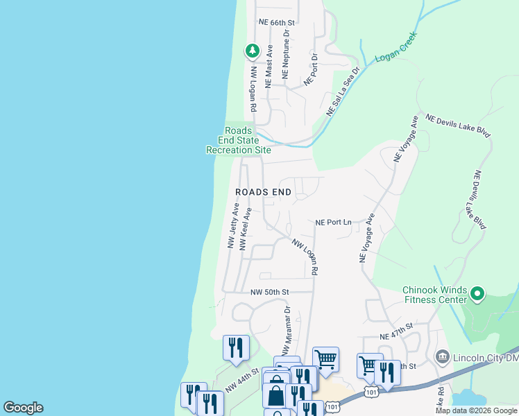 map of restaurants, bars, coffee shops, grocery stores, and more near 5430 Northwest Jetty Avenue in Lincoln City