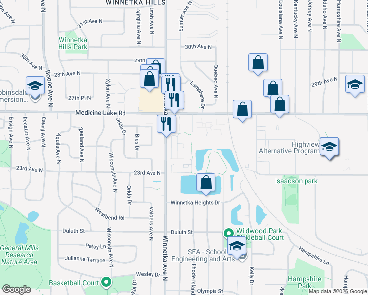 map of restaurants, bars, coffee shops, grocery stores, and more near 2430 Winnetka Avenue North in Minneapolis