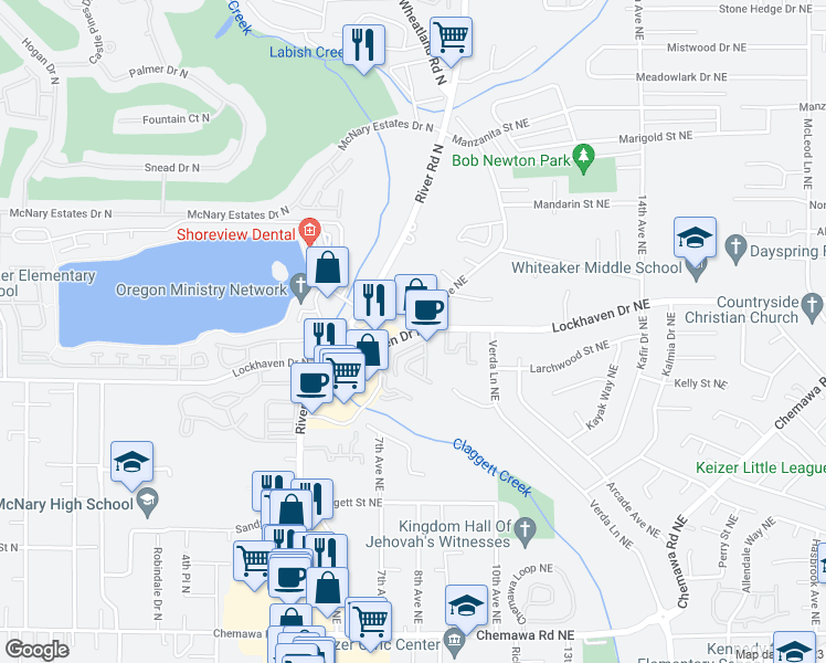 map of restaurants, bars, coffee shops, grocery stores, and more near Lockhaven Dr NE & Trail Ave NE in Keizer