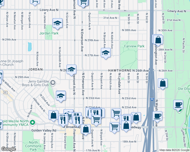 map of restaurants, bars, coffee shops, grocery stores, and more near 1012 North 26th Avenue in Minneapolis