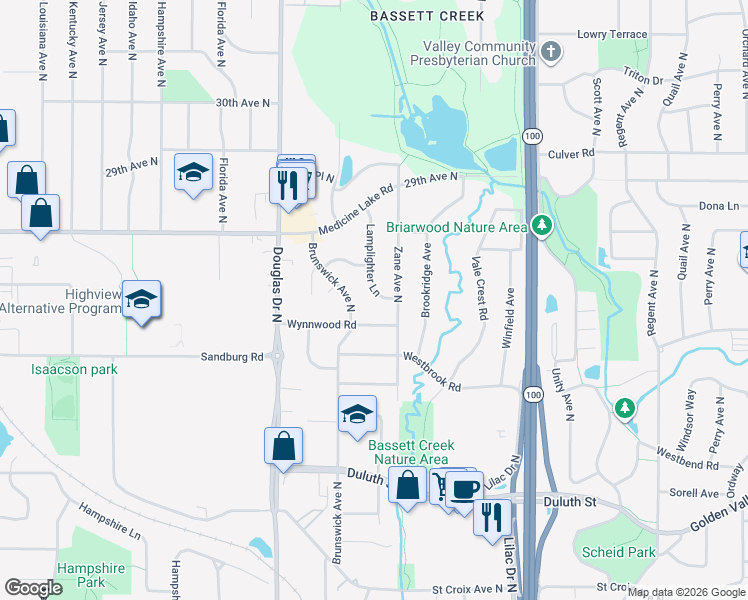 map of restaurants, bars, coffee shops, grocery stores, and more near 2455 Zane Avenue North in Minneapolis