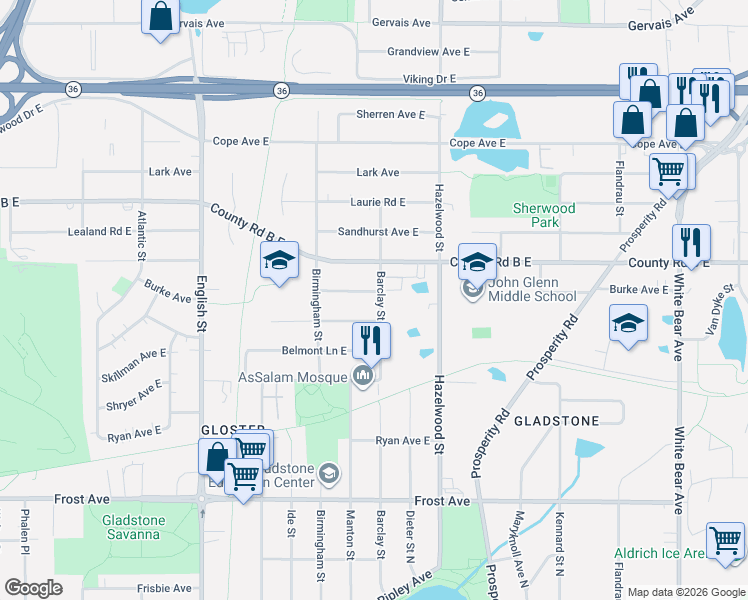 map of restaurants, bars, coffee shops, grocery stores, and more near 1460 County Road B East in Maplewood