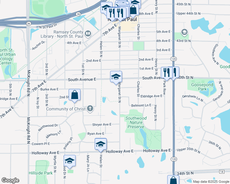 map of restaurants, bars, coffee shops, grocery stores, and more near 2131 Margaret Street North in Saint Paul
