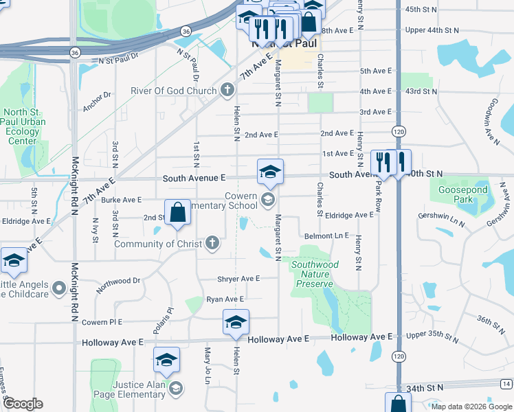 map of restaurants, bars, coffee shops, grocery stores, and more near 2131 Margaret Street North in Saint Paul
