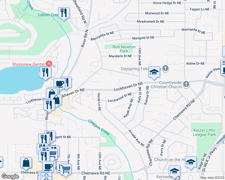 map of restaurants, bars, coffee shops, grocery stores, and more near 5721 Crestwood Court Northeast in Keizer
