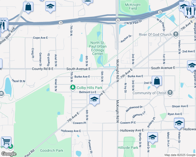 map of restaurants, bars, coffee shops, grocery stores, and more near 2210 South Avenue East in North Saint Paul