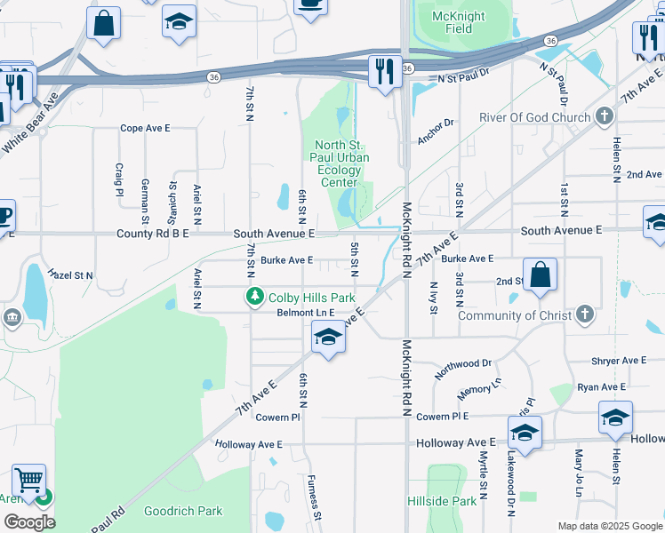 map of restaurants, bars, coffee shops, grocery stores, and more near 2177 Burke Avenue East in North Saint Paul