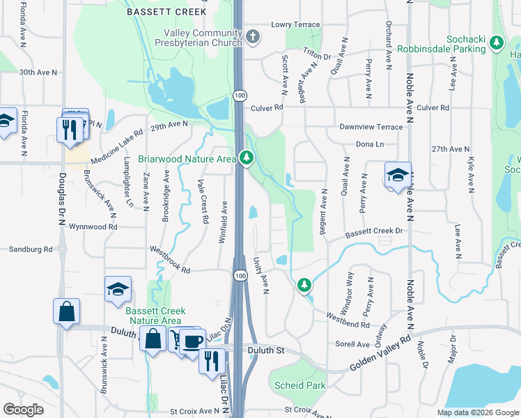 map of restaurants, bars, coffee shops, grocery stores, and more near 2557 Unity Avenue North in Golden Valley
