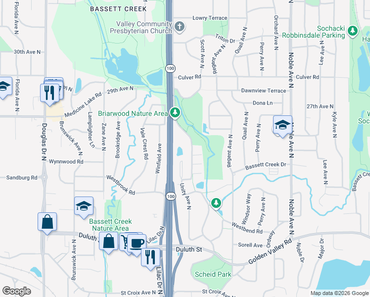 map of restaurants, bars, coffee shops, grocery stores, and more near 2557 Unity Avenue North in Golden Valley