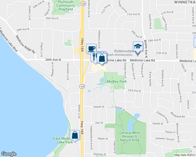 map of restaurants, bars, coffee shops, grocery stores, and more near 2422 Mendelssohn Lane in Golden Valley