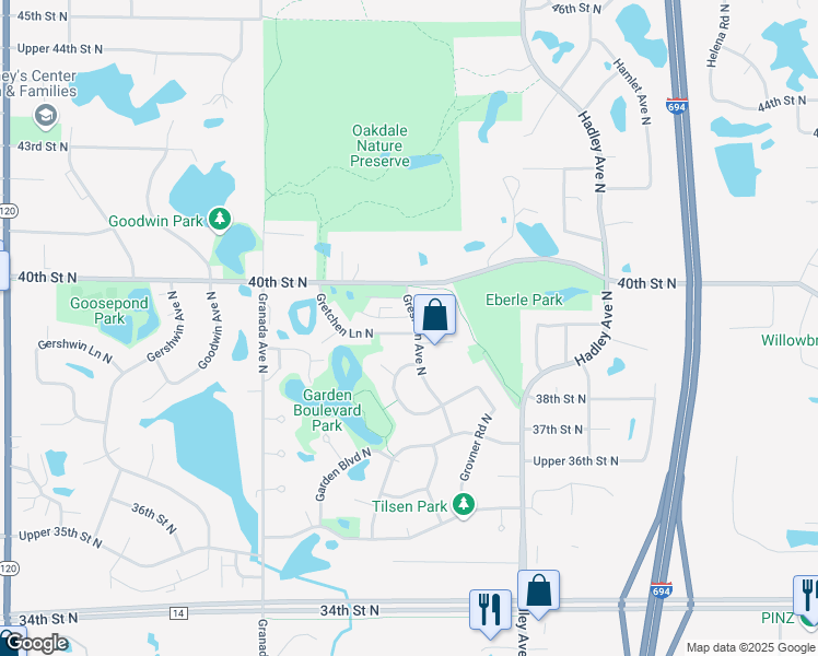 map of restaurants, bars, coffee shops, grocery stores, and more near 6771 Gretchen Lane North in Oakdale