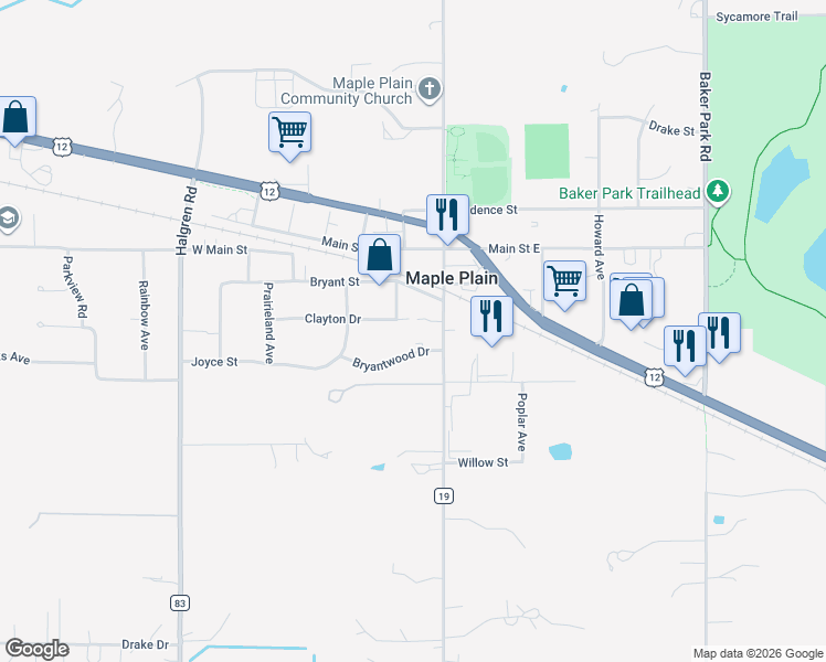 map of restaurants, bars, coffee shops, grocery stores, and more near 5240 Clayton Drive in Maple Plain