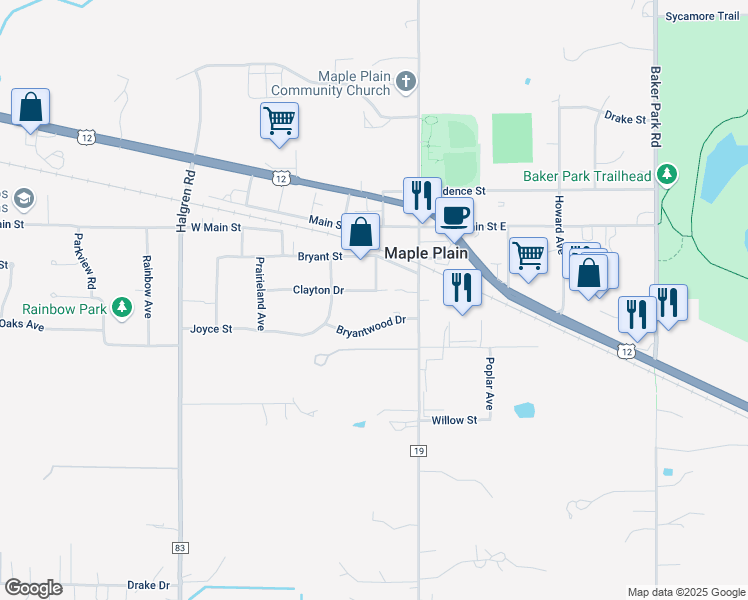 map of restaurants, bars, coffee shops, grocery stores, and more near 5304 Clayton Drive in Maple Plain