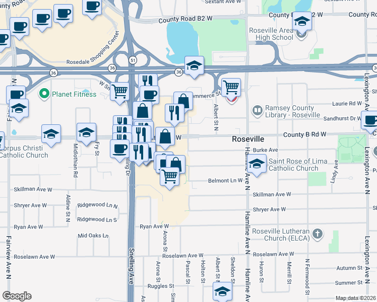 map of restaurants, bars, coffee shops, grocery stores, and more near 2125 Pascal Street in Saint Paul