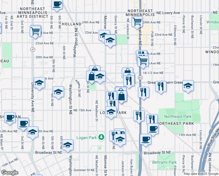 map of restaurants, bars, coffee shops, grocery stores, and more near 1801 Monroe Street Northeast in Minneapolis