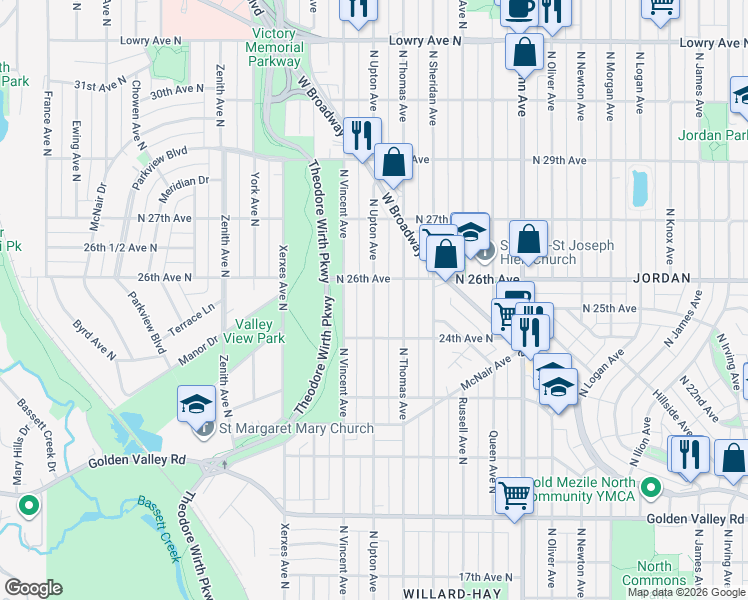 map of restaurants, bars, coffee shops, grocery stores, and more near 2529 N Upton Ave in Minneapolis