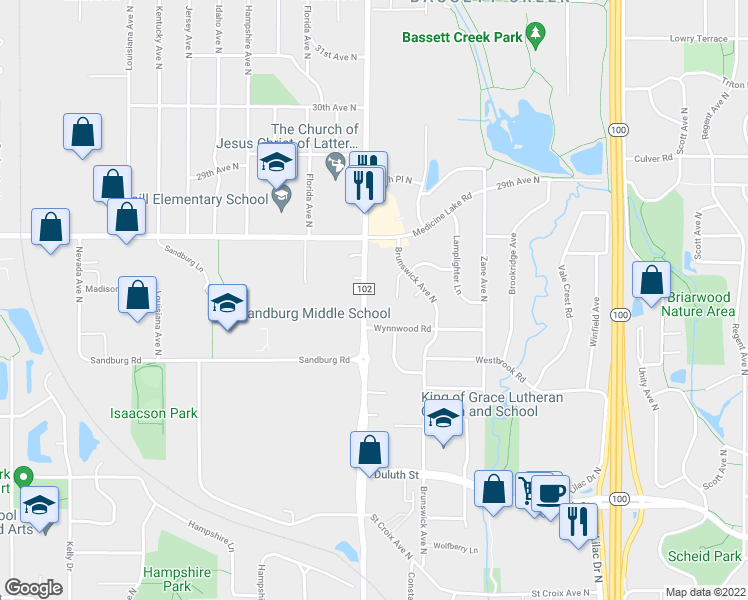map of restaurants, bars, coffee shops, grocery stores, and more near 2420 Douglas Drive N in Golden Valley