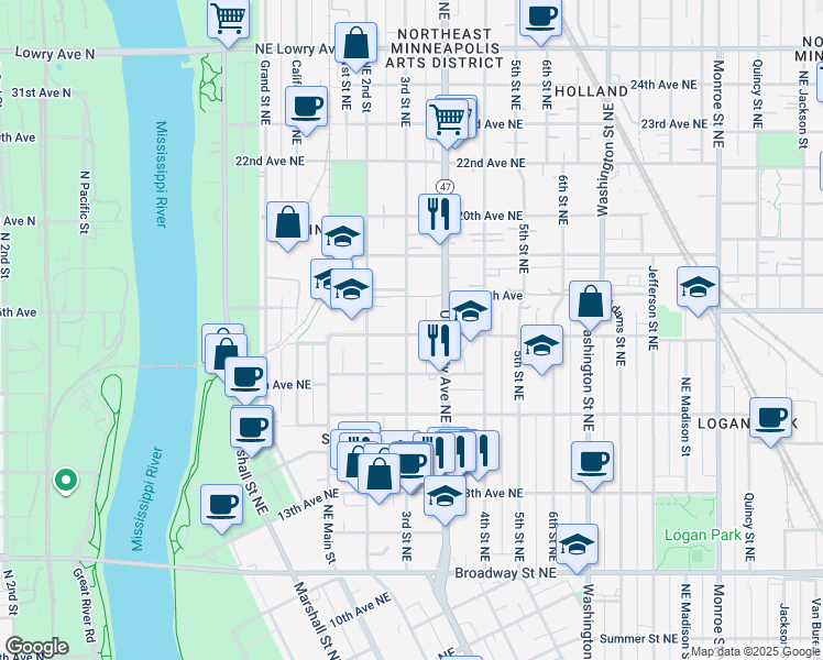 map of restaurants, bars, coffee shops, grocery stores, and more near 301 17th Avenue Northeast in Minneapolis