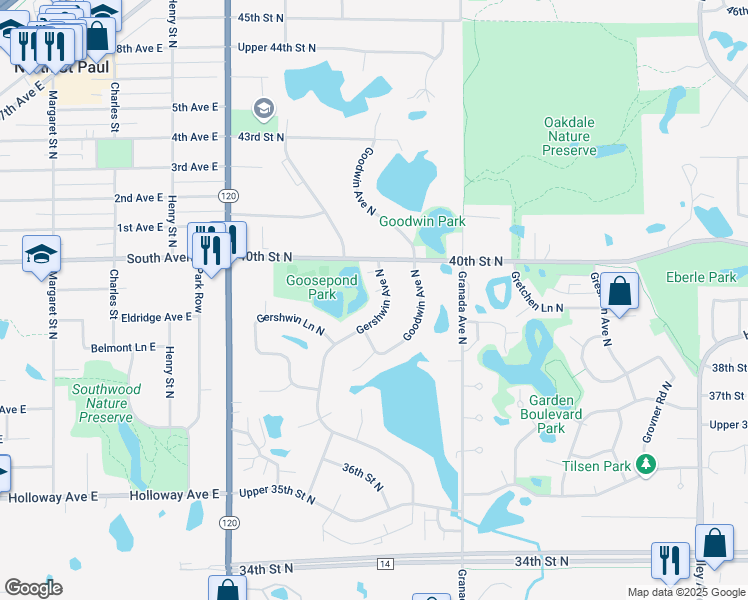 map of restaurants, bars, coffee shops, grocery stores, and more near 3968 Gershwin Avenue North in Oakdale
