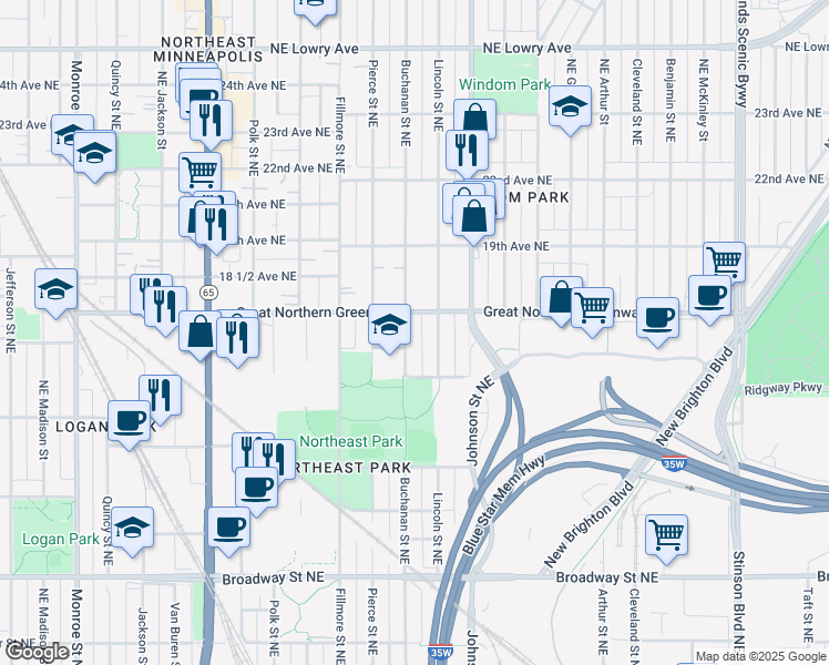 map of restaurants, bars, coffee shops, grocery stores, and more near 1802 Buchanan Street Northeast in Minneapolis