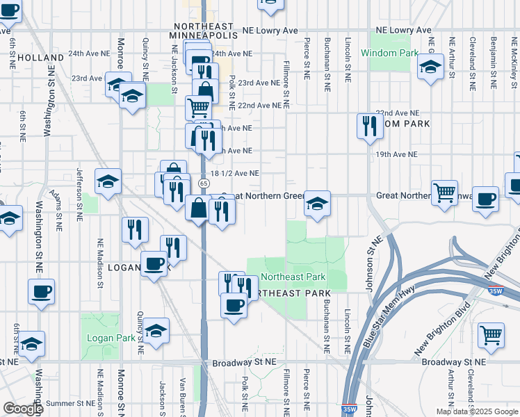 map of restaurants, bars, coffee shops, grocery stores, and more near 1019 18th Avenue Northeast in Minneapolis
