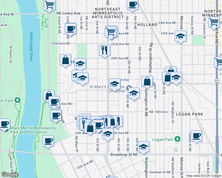 map of restaurants, bars, coffee shops, grocery stores, and more near 338 18th Avenue Northeast in Minneapolis