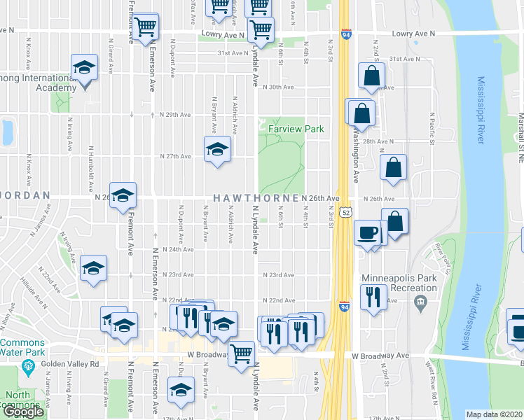 map of restaurants, bars, coffee shops, grocery stores, and more near in Minneapolis