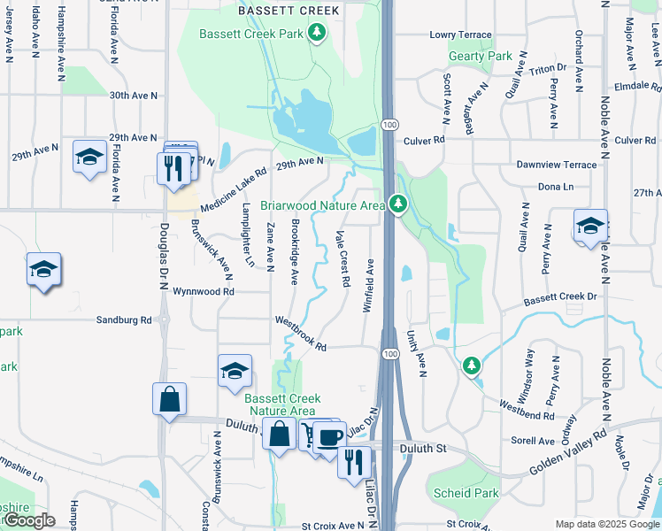 map of restaurants, bars, coffee shops, grocery stores, and more near 2535 Vale Crest Road in Minneapolis