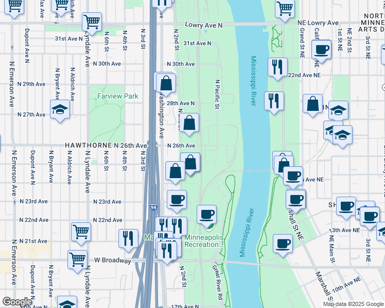 map of restaurants, bars, coffee shops, grocery stores, and more near 114-198 N 26th Ave in Minneapolis