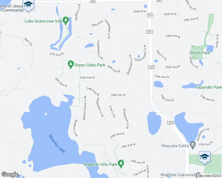 map of restaurants, bars, coffee shops, grocery stores, and more near 2510 Urbandale Lane North in Plymouth