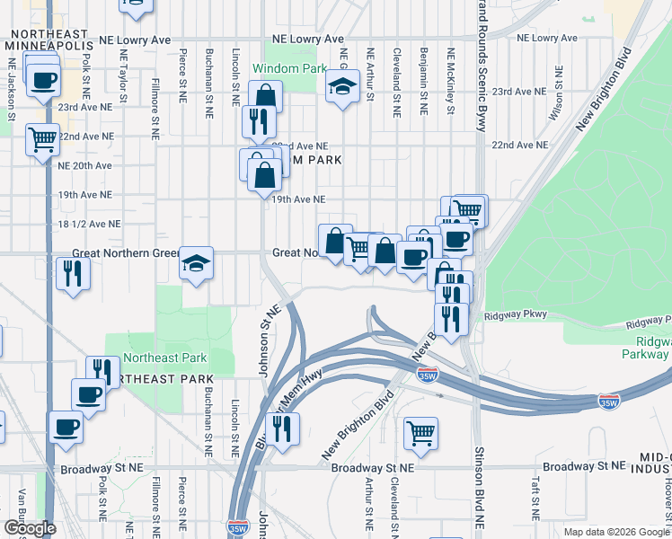 map of restaurants, bars, coffee shops, grocery stores, and more near 27 in Minneapolis