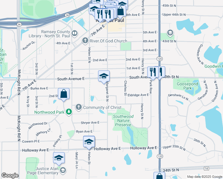 map of restaurants, bars, coffee shops, grocery stores, and more near 2585 Burke Avenue East in North Saint Paul