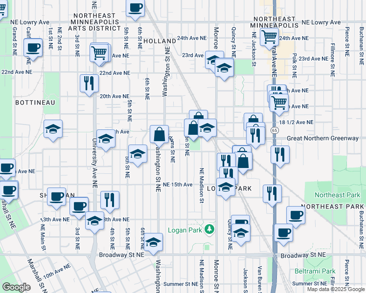 map of restaurants, bars, coffee shops, grocery stores, and more near 1724 1/2 Jefferson Street Northeast in Minneapolis