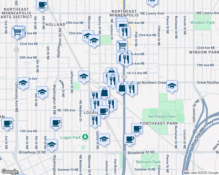 map of restaurants, bars, coffee shops, grocery stores, and more near 1121 Northeast Jackson Street in Minneapolis
