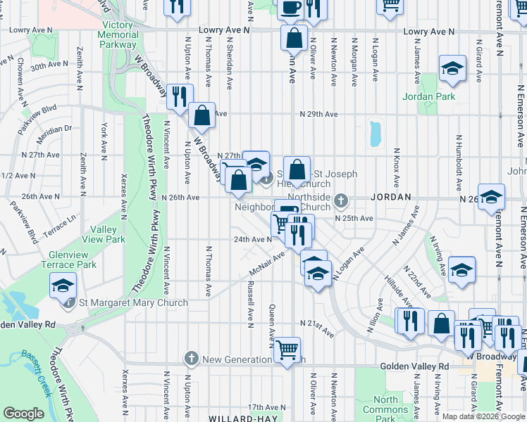 map of restaurants, bars, coffee shops, grocery stores, and more near 2323 26th Avenue North in Minneapolis