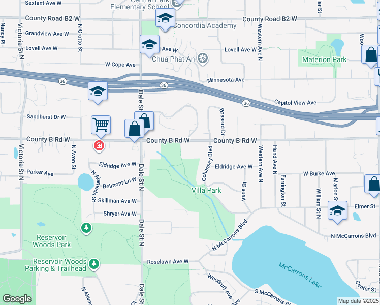 map of restaurants, bars, coffee shops, grocery stores, and more near 500 County B Road West in Roseville