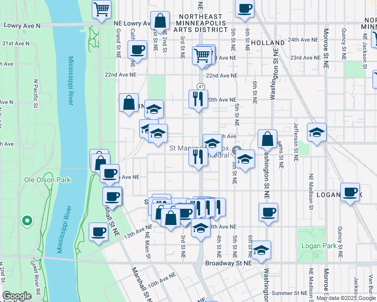 map of restaurants, bars, coffee shops, grocery stores, and more near 1723 3rd Street Northeast in Minneapolis