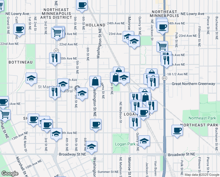 map of restaurants, bars, coffee shops, grocery stores, and more near 1724 1/2 Jefferson Street Northeast in Minneapolis