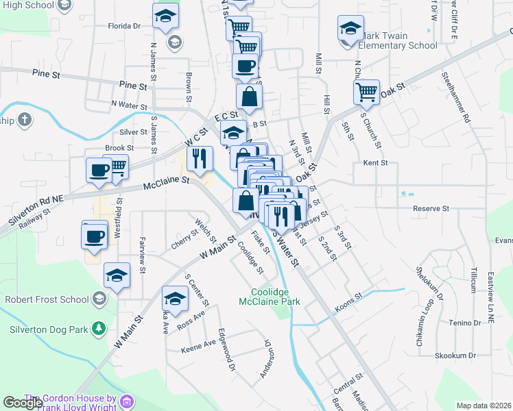 map of restaurants, bars, coffee shops, grocery stores, and more near 115 North Water Street in Silverton