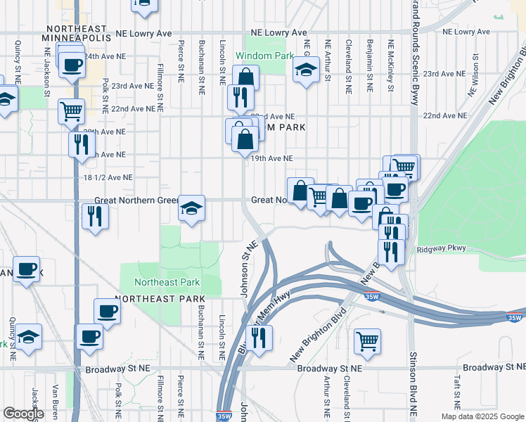 map of restaurants, bars, coffee shops, grocery stores, and more near 1729 Johnson Street Northeast in Minneapolis