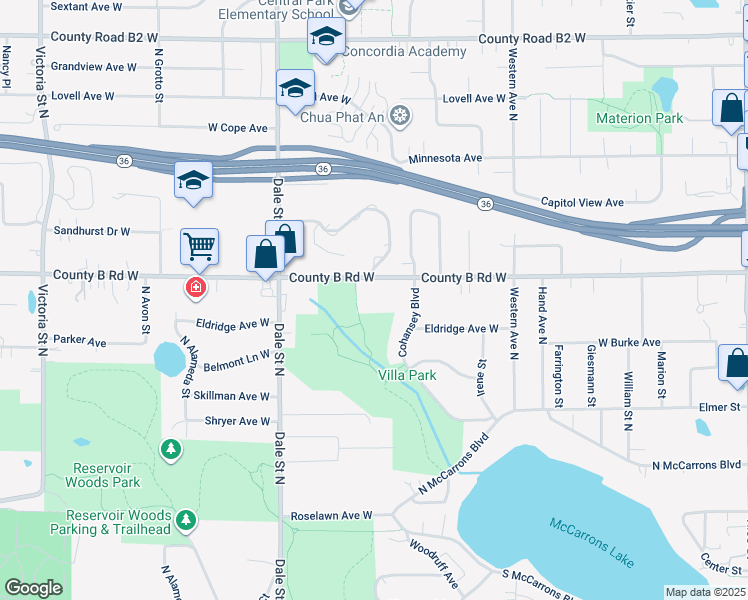 map of restaurants, bars, coffee shops, grocery stores, and more near 500 County B Road West in Roseville