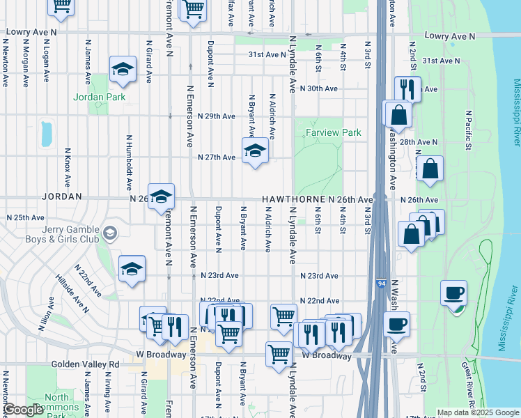 map of restaurants, bars, coffee shops, grocery stores, and more near 2524 North Aldrich Avenue in Minneapolis