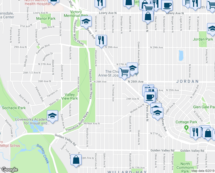 map of restaurants, bars, coffee shops, grocery stores, and more near 2531 North Thomas Avenue in Minneapolis