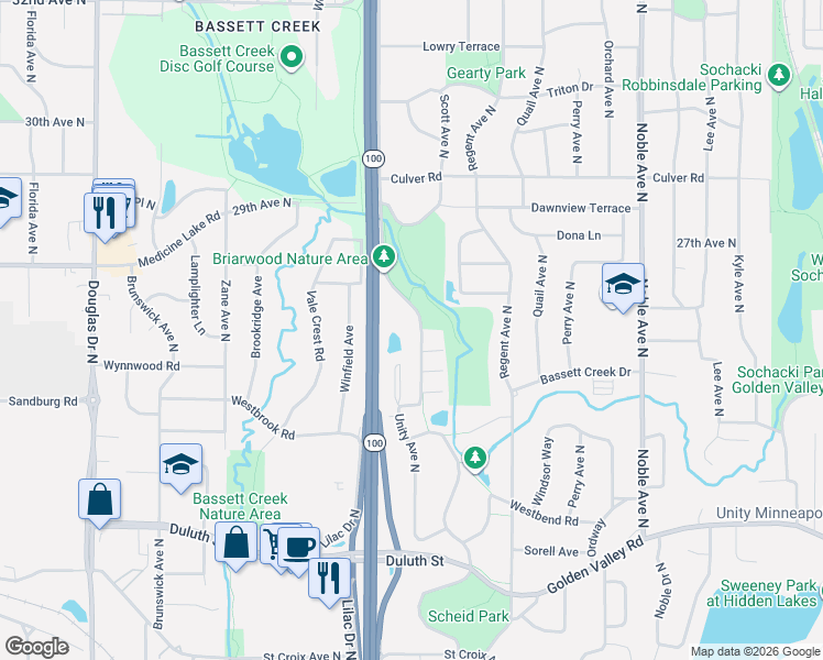 map of restaurants, bars, coffee shops, grocery stores, and more near 2557 Unity Avenue North in Golden Valley