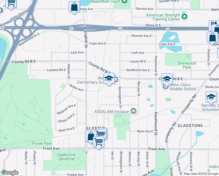 map of restaurants, bars, coffee shops, grocery stores, and more near 2135 Birmingham Street in Maplewood