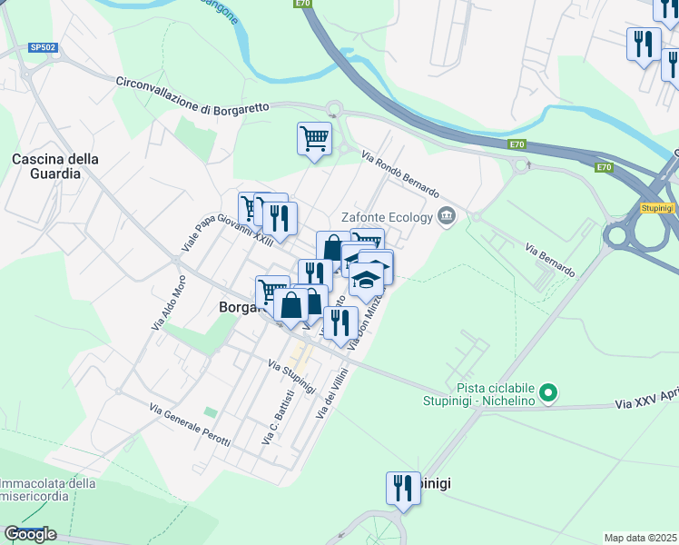 map of restaurants, bars, coffee shops, grocery stores, and more near 34 Via Gorizia in Borgaretto