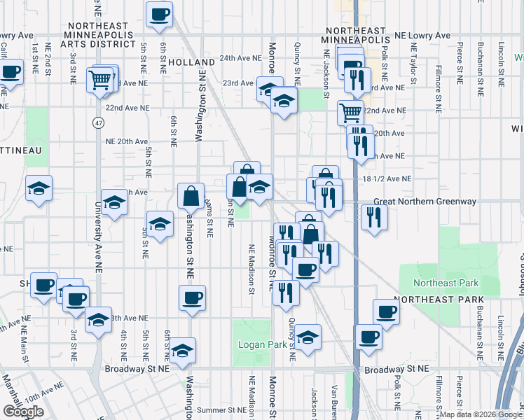map of restaurants, bars, coffee shops, grocery stores, and more near 132 Northeast Madison Street in Minneapolis