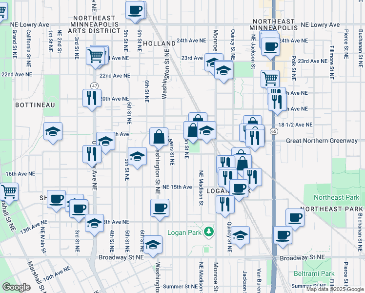 map of restaurants, bars, coffee shops, grocery stores, and more near 1724 1/2 Jefferson Street Northeast in Minneapolis